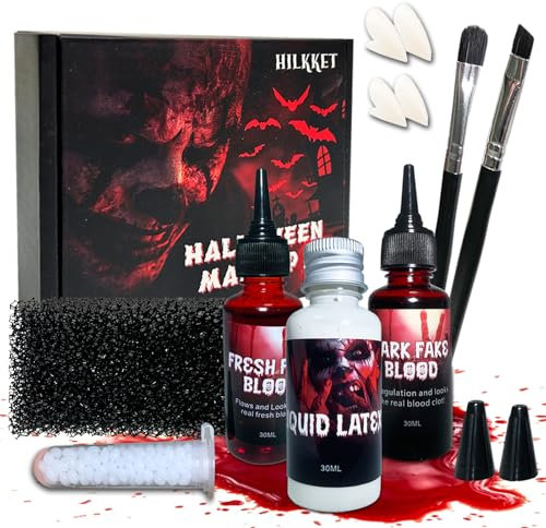 Syntetiskt blod Halloween-set 8, halloween smink falskt blod, artificiellt färskt blod+Geront blodplasma+teaterblod med flytande latex + tandproteser, droppande syntetiskt blod för zombies, vampyr