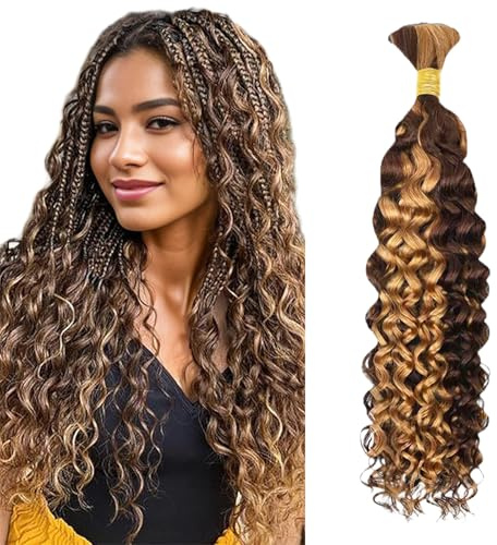 Water Wave Bulk Human Hair for Boho Braids 1 Bundles 20 inch Blonde #4/27 | Human Hair for Braiding Water Wave Bulk 100% Unprocessed Brazilian Virgin Braiding Boho Braids Hair No Weft Water Wave 50g
