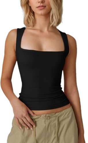 EMOTTOS Mujeres Cuello Cuadrado Camiseta de Tirantes, Slim Fit Y2K Elástica Camiseta, Halter Shirt sin Mangas de Corte Bajo, Camisetas de Verano para Verano Club Fiesta, Negro, M
