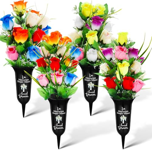 Quzzil 4 Set 8 Pcs Artificial Cemetery Flowers for Grave, Memorial Rose Bouquet, Graveyard Memorial Flowers with Vase for Outdoor Memorials Headstone Lawn Grave Yard Easter Decor(Classic)
