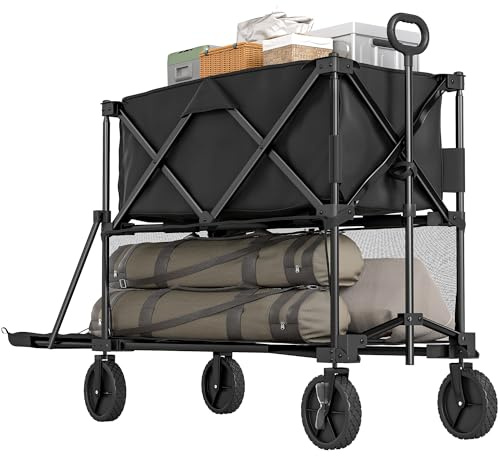 Outsunny Bollerwagen 115L zweistufig Handwagen mit Verstellbarem Griff, Bremse, Transportwagen 200kg Belastbar, Gartenwagen für Garten Einkauf Shopping