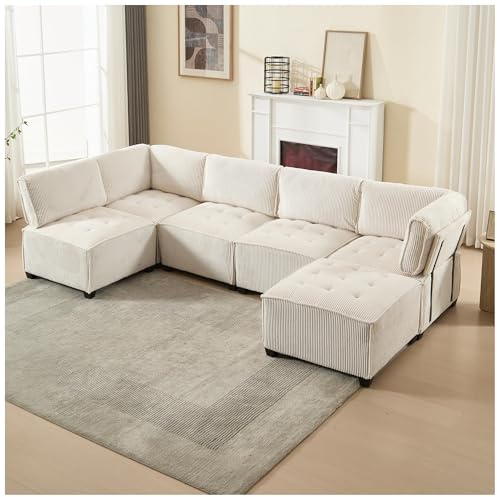 Wyibwy Sofá esquinero grande, 308 x 154 x 82 cm, sofá de 6 plazas, con bolsillos portaobjetos, combinable de forma flexible en sofá en U, en L, sofás de cama, sofá modular, pana, beige
