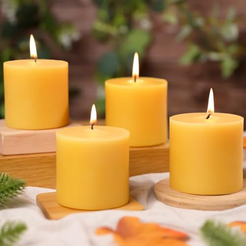 4 Pack Beeswax Pillar Candles, Each 50 Hours Long Burning Pure Natural Beeswax Candles for Home,Perfect for Relaxation and Ambiance-7.5cm W x7.5cm H
