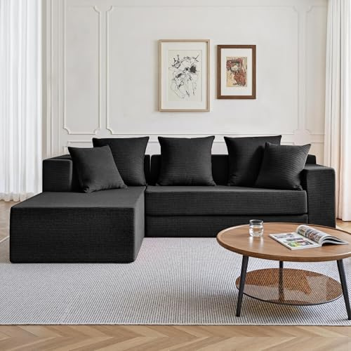 YINIX Boneless Cloud Couch L-Form mit Schlaffunktion, Modulares Ecksofa Cord für kleine Wohnungen, 3-Sitzer Schlafsofa Klappbar mit Tiefer Sitzfläche, Inkl. Kissen, 235cm (Schwarz)