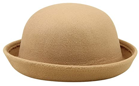 Damen Filz Melone Bowler Hut Eleganter Solider Hut für Erwachsene mit Aufrollbarer Krempe, Panama-Melone, Fischerhut, Herren-Damen, Klassische Wolle, Runde Melone Damenhut Winter
