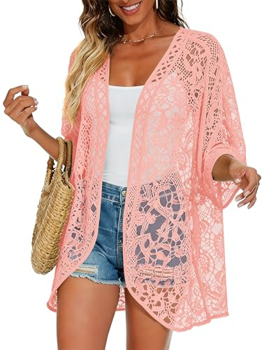 Summer Beach Cover Up for Women 3/4 Sleeves Open Front Lightweight Shrug Lace Bolero for Evening Daliy Wear Light Pink XX-Large