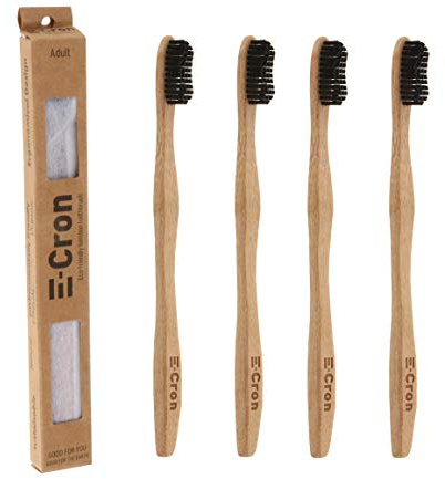 4 x Cepillo de dientes de bambú E-Cron con un mango respetuoso con el medio ambiente (Negro), 100% ecológico y biodegradable. Su cuidado dental natural con el toque cálido y limpio del bambú.