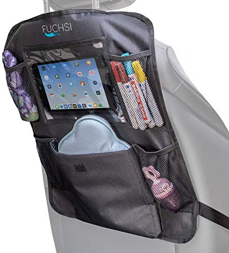 FUCHSI 2 STÜCK - Rücksitz Organizer für Kinder mit iPad-/Tablet-Fach | Rückenschutz | Autositzschoner | Schwarz