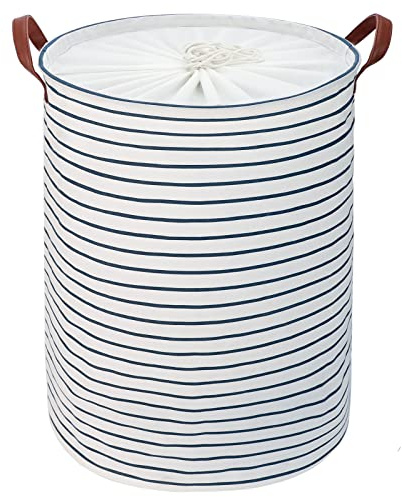 DOKEHOM 20-Inches Ispessimento Raggruppabili Round Stoccaggio Paniere, Cotone (Strisce Blu, L)