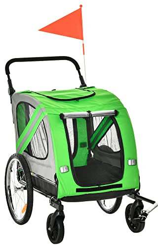 PawHut Dog Bike Trailer 2-in-1 Pet Stroller Cart Bicycle Carrier Attachment for Travel in steel frame with Wheels Hitch Coupler Reflectors Flag Green