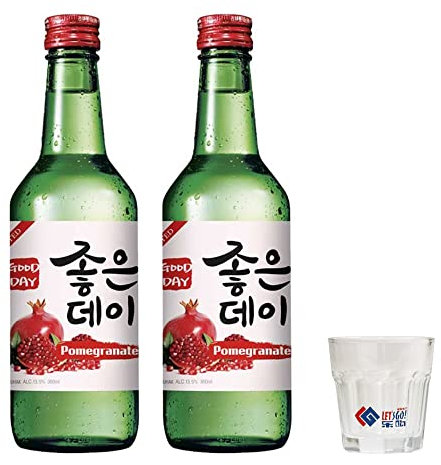 MUHAK GOOD DAY SOJU RED-POMEGRANATE FLAVOUR 350ML 13.5% ALC./VOL (Pack of 2) + Soju Glass