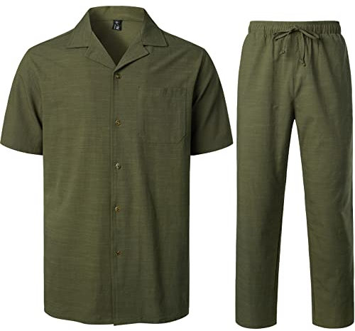 LucMatton Costume d’été deux pièces décontracté en lin pour homme avec col cubain pour vacances à la plage, vert militaire, XXL