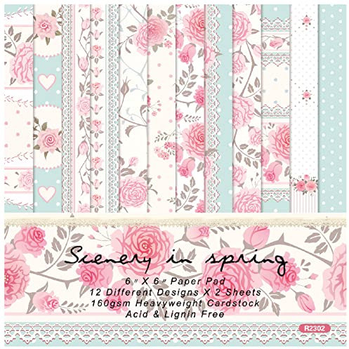ZAKHSE Motivpapier mit Blumenmuster,48 Blätter Bastelpapier 15,2x15,2cm,Frühling Motive Designpapier,12 Designs,Einseitig Bedruckt 160gsm Dekorpapier Basteln Kartenherstellung Scrapbook Zubehör