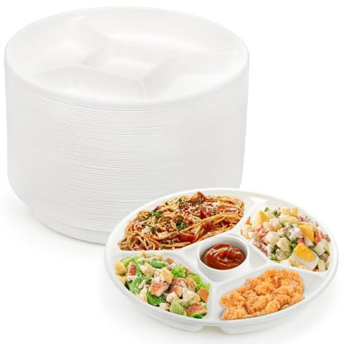 Hacaroa 80 Stück 5 Fach Papierteller, 25 cm Kompostierbare Bagasse Platten Einweg Lunch Tabletts, Biologisch Abbaubare Geteilte Speiseteller für Party, Picknick, Heavy Duty, Weiß