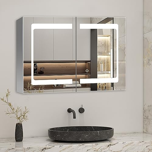 Biubiubath LED Spiegelschrank 80x60cm mit Wand/Touchschalter,Beschlagfrei,3 Lichtfarbe 2700-6500K Dimmbar und Rasier Steckdose,Aluminium, Softclose