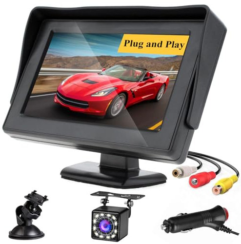 Hikity Telecamera Posteriore per Auto con Monitor LCD da 4,3 Pollici, Telecamera di Retromarcia Impermeabile con 2 Ingressi Video Visione Notturna, Ampio Angolo di Visione Telecamera a 12LED DC 12V