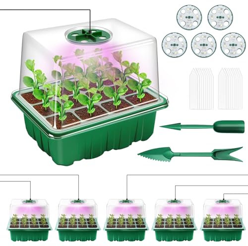 Yozexin Zimmergewächshaus Anzuchtkasten mit Pflanzenlampe, 5 Stück Mini Gewächshaus Anzucht Set, Treibhaus Anzuchtschale mit erhöhten Deckel, für Pflanzenwachstum und Saatgutkeimung