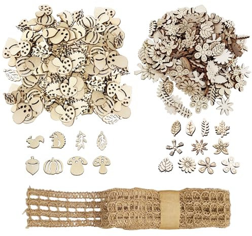250 Pezzi Di Trucioli Di Legno Artigianali, 1 Rotolo Di Spago, Foglie Di Fiori, Farfalle, Graffiti Dipinti - Set per Decorazione Di Biglietti Di Auguri