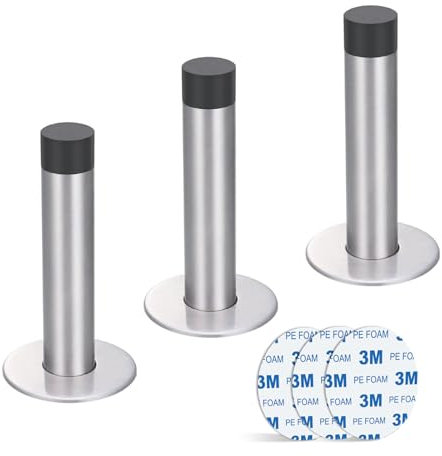 Jatidne 3 Self Adhesive Wall Mounted Door Stops, Stainless Steel Door Stoppers with Rubber Buffer, Chrome Doorstop for Indoors to Protect Walls