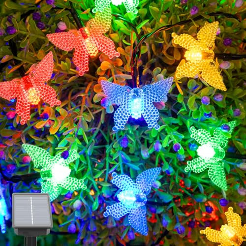 Isisyu Guirlande lumineuse solaire d'extérieur, motif papillon, 5 m, 20 LED, résistante aux intempéries, avec minuterie, 8 modes, étanche IP65, pour jardin, balcon, terrasse, fêtes