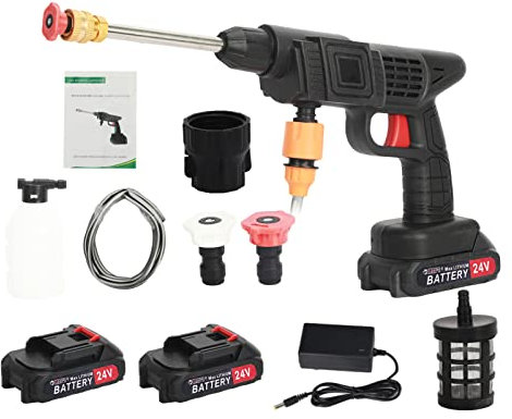 Nettoyeur Haute Pression, 24V Nettoyeur Haute Pression à Batterie sans Fil, avec 2 Batteries, Tuyau de 5M, sur Batterie, 180° Buse Pivotante pour Lavage et Arrosage de Voiture (Noir)
