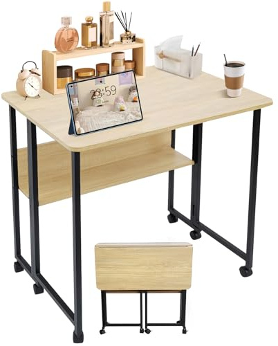 KEBMCHN Klapptisch Schreibtisch mit Regal, 80x60x75 cm Klappschreibtisch mit Rollen, Holz & Carbonstahl, Platzsparend Multifunktional Homeoffice Büro Wohnzimmer(Holzfarbe)