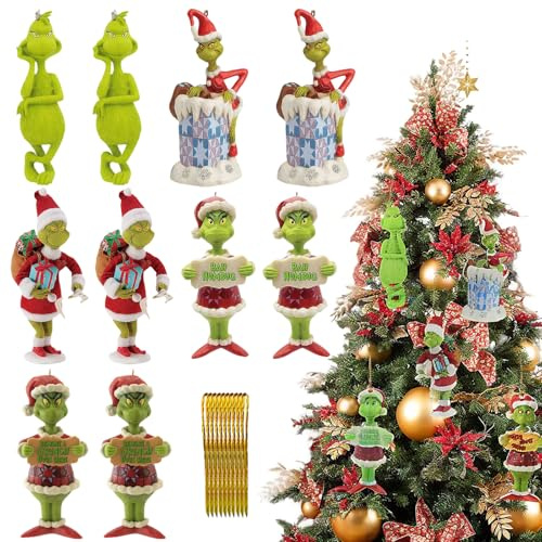 ZYEKIU 10 Piezas Grin-ch Decoraciones Acrílico Colgante Adornos, Grinch Navidad Decoracion Árbol de Navidad Colgante, Grinch Adecuado para Halloween, Acción de Gracias, Nochevieja, Amigos y Niños