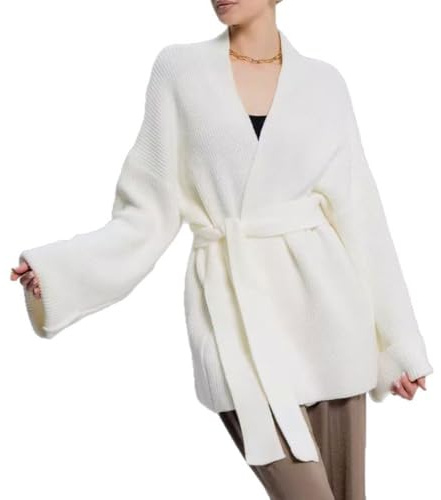 GGUHHU Open Front Cardigan for Women, V-Neck Long Sleeve Solid Color Wrap Sweater Coat with Belt, Off-White