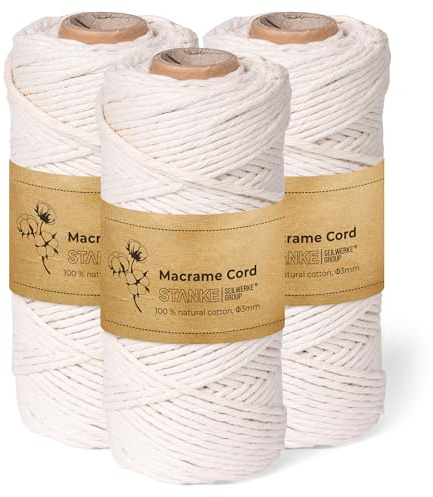 STANKE Set hilo macrame 3mm 3x100m - color: Natural - Cuerda algodon para boho DIY, cestas, atrapasueños - Cordon de algodon para guirnaldas, posavasos, bolsos - 100% algodon, retorcido, suave