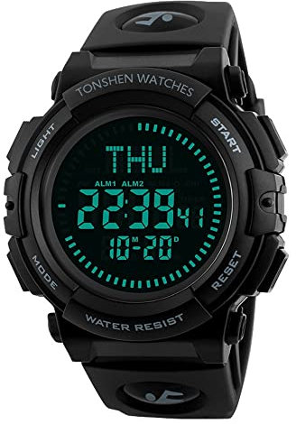 TONSHEN Digitaluhr Sportuhr 50M Wasserdicht Multifunktionale Militär Tactical Kompass Armbanduhr LED EL Licht Outdoor Plastik Uhr mit Silikon Band (Schwarz)
