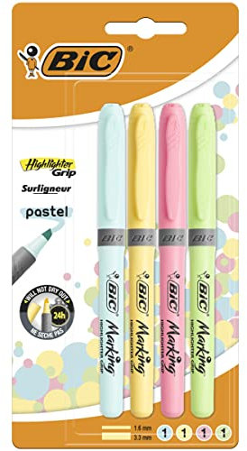 BIC Pastell Textmarker, Highlighter in 4 verschiedenen Pastellfarben, Strichstärke: 1.6mm - 3.3mm, mit Austrocknungsschutz, bunt