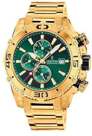Festina Herren Uhr Analog aus Edelstahl 316L Goldfarben - Quarzwerk - Chronograph - Kalender - Mineralglas mit hoher Widerstandsfähigkeit - Wasserdicht bis 10 ATM F20492/3 Prestige