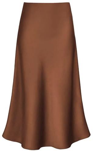 Modegal Women's Satin High Waist Hidden Elasticized Waistband Flared Casual A Line Midi Skirt, Brown, M