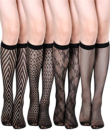 Geyoga 4 Pares Medias de Rejilla hasta Rodilla Calcetines de Pantorrilla de Encaje para Mujer