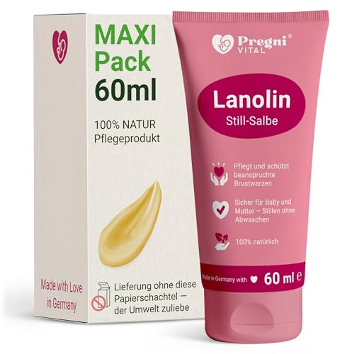 Lanolin Brustwarzensalbe Stillen [60 ml] MAXI-Pack - PregniVital® Stillsalbe für stillende Mütter bei beanspruchten, trockenen und empfindlichen Brustwarzen - Hypoallergen, ohne Duftstoffe