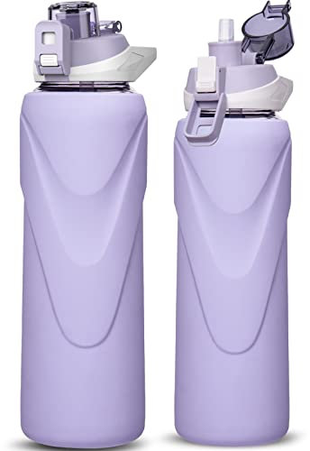 DEARRAY 1l Sport Trinkflasche Glas Flasche mit Strohhalm 1 liter auslaufsicher bpa frei Gym Wasserflasche mit Silikonhülle für Smoothie, Früchte Kohlensäure geeignet (Hellviolett)