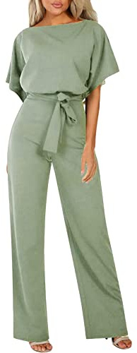Jumpsuit damer sommar, elegant kortärmad jumpsuit damer enfärgad overaller med bälte ledig lös sparkdräkt sommar bekväm bred ben en del