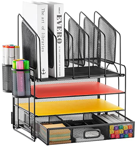 Marbrasse Desk Organiser Tray,4-Tier Paper Letter Tray Organiser with Drawer,5 Vertical File Holders and 2 Pen Holders,Mesh Desktop Organizer Storage for Home Office Supplies(Black)