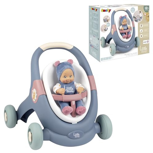 Smoby- Little Smoby Andador 3-en-1 con Muñeco 30cm, Andador, Cochecito y Asiento para Bebe de Juguete (7600140308)