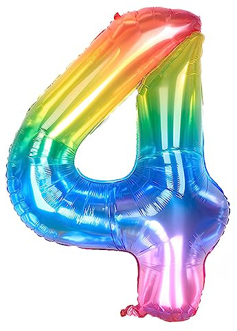 Ponmoo 40 inches Foil Balloons Numbers 4 Neon Rainbow (101cm), Inflatable Helium or Air, Giant Balloon Number 0-9, 10-29, 30-100, Grand Balloons for Anniversary Wedding Birthday Party Decoration