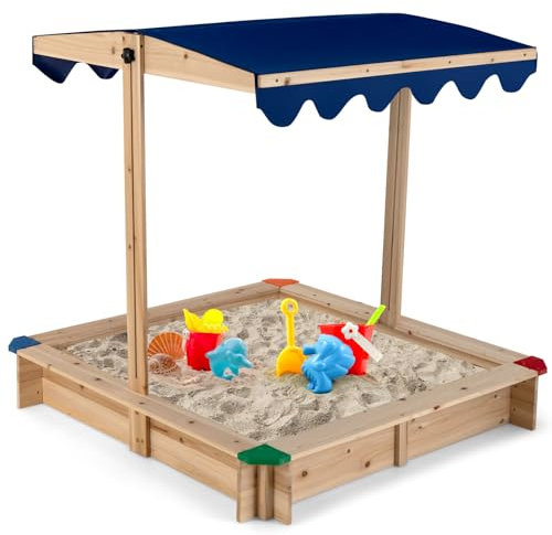 Maxmass Kids Wooden Sand Pit, Children Sandbox with Height & Angle Adjustable Canopy and Wide Bench Seats, Outdoor Play Sandpit Backyard Playset for 3+ Years Old, 120 x 120 x 120 cm