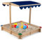 Maxmass Kids Wooden Sand Pit, Children Sandbox with Height & Angle Adjustable Canopy and Wide Bench Seats, Outdoor Play Sandpit Backyard Playset for 3+ Years Old, 120 x 120 x 120 cm