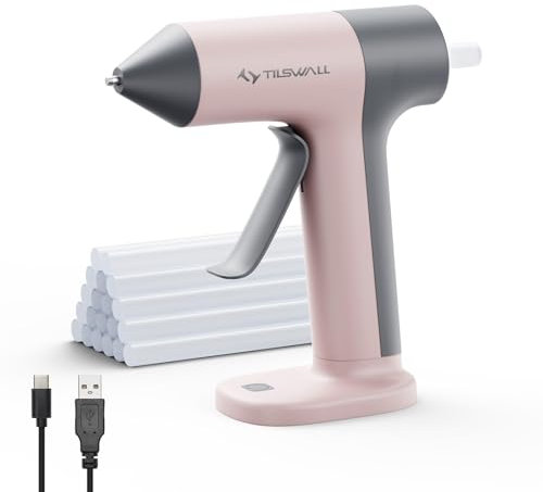 Pistola encoladora sin cable Tilswall, pistola encoladora sin cable con precalentamiento rápido de 30s, desconexión automática de 5 minutos, boquilla antigoteo y 20 barras de pegamento - Rosa