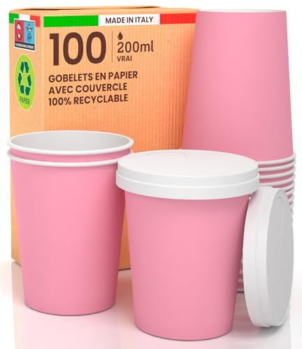 100 Bicchieri Caffè ASPORTO in Carta Rosa 200ml con COPERCHIO in Carta Bevande Calde e Fredde Tè Infusi Acqua Cappuccino Ecologici Biodegradabili Tazze Monouso Colorate + 100 Coperchi con Beccuccio