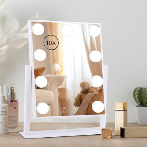 Espejo de tocador con luces, espejo de maquillaje XWJ con 9 bombillas LED, aumento desmontable de 10x, 3 modos de iluminación de color, rotación de 360°, pantalla táctil, brillo ajustable y recargable