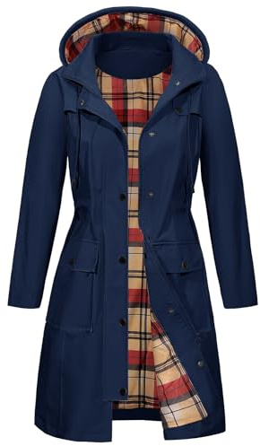 Tuopuda Parka Imperméable Femme Longue Coupe Vent avec Capuche Veste de Pluie Printemps Automne Manteau mi Saison Vêtements d'Extérieur Zippé pour Camping Randonnée Pêche Sport, Marine, L