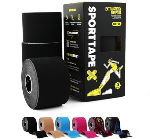 SPORTTAPE Lot 3 Bandes kinésiologiques - Noir - 5 cm x 5 m | Bandes de kiné professionnelles pour douleurs musculaires | Strapping sport genou, cheville, épaule, dos | Étanche & hypoallergénique