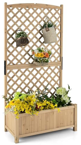 HOMASIS Pflanzkübel mit Rankgitter, Blumenkasten mit Spalier, Pflanzkasten Pflanzgefäß aus Holz, Hochbeet Rankkasten Gartenspalier für Balkon, Garten, Terrasse, 90 x 44,5 x 180,5 cm (Natur)