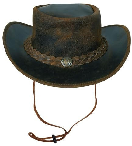 URBAN 5884 Sombrero Vaquero de Cuero Auténtico, Sombrero Cowboy para Hombre/Mujer, con ala Ancha y Barboquejo Ajustable