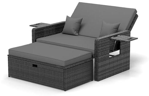 UDPATIO Salon de Jardin 2 Personnes en Rotin - Canapé Extérieur avec Banc de Rangement, Plateau Pliable et Dossier Réglable, Charge 400kg, pour Terrasse et Jardin, Gris